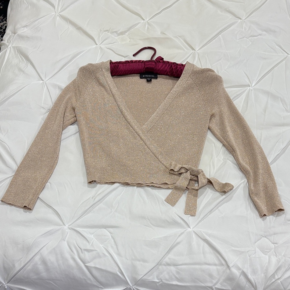 Bebe Beige/Pink V-Neck Wrap Sweater